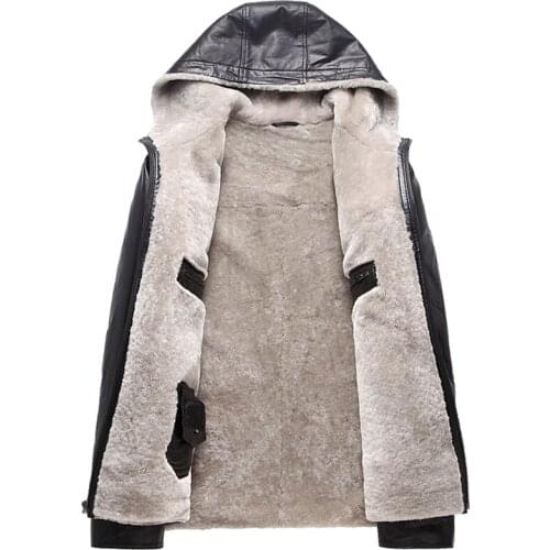 Mens Coat Winter Jackets for Men Sheepskin Jacket Hooded Collar Quality Genuine Leather Coats YYJ0054