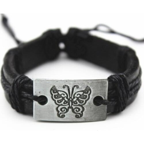 Fashion Handmade Alloy Design Butterfly Black Leather Bracelets Surf Bangle Wristband for men womens Gift MB175