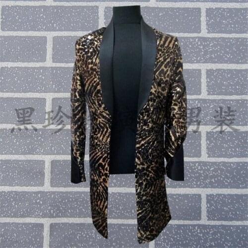Mens black full sequined leopard beading long jacket /dance/jazz/trendy stage performance jacket