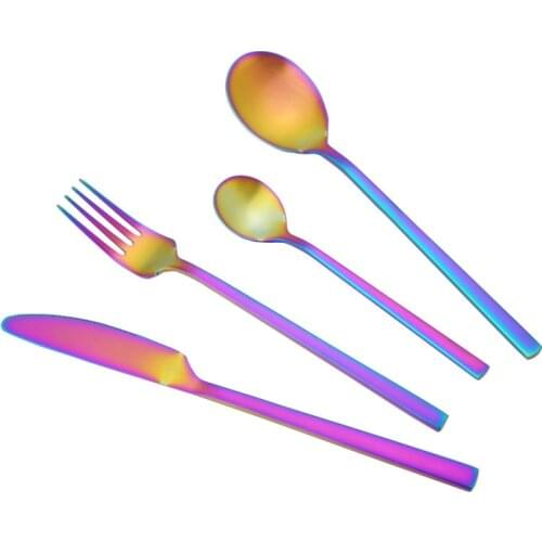 18/0 Dinner Set Cutlery Knives Forks Spoons Western Zero Waste Kitchen Dinnerware Frosted Stainless Steel Rainbow Tableware Set