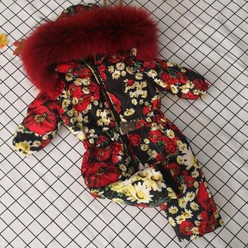 Kids printed Down Coat Winter Hooded Snow Wear Windproof Thicker Warm Outerwear big Fur Collar children