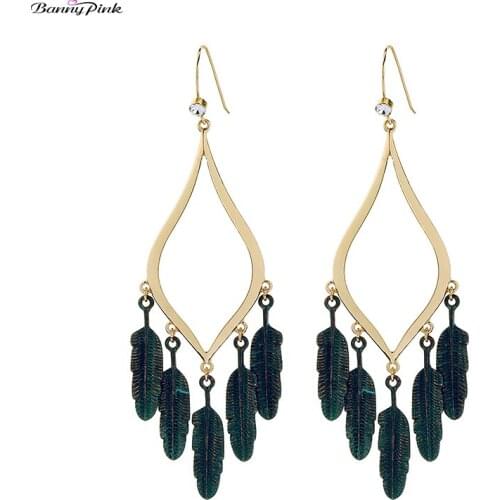 Banny Pink Vintage Metal Tassel Earrings For Women Ethnic Leaves Statement Dangle Earrings Large Geometric Pendant Drop Earrings