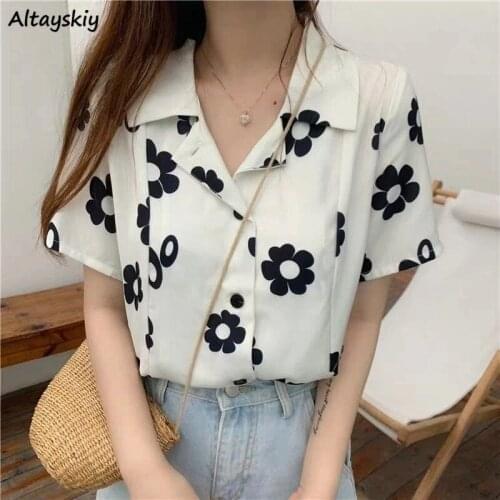 Shirt Women Simple Floral Lovely Summer All-match Popular Korean Style Harajuku Streetwear Loose Casual Trendy Tops New Arrivals