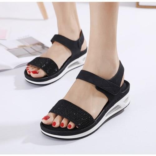 ZZPOHE Summer Womens Sports Sandals Rhinestone Wedge Air Cushion Soft Bottom New Stitching Velcro Casual Ladies Beach Sandals