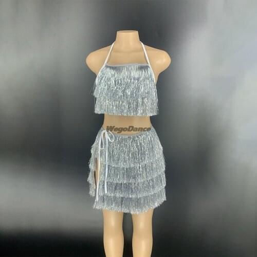 Silver Strapped Tassel Fringe Short Dress Women Two Piece Set Bodycon Party Sexy Summer Sundress Beach Mini