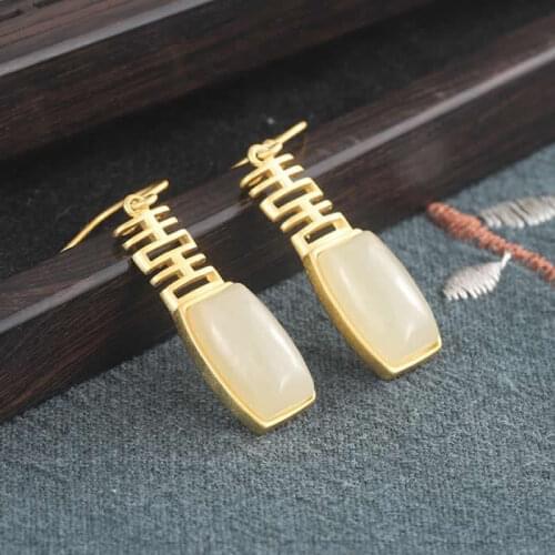 Pure S925 Silver Earrings Natural Hetian Jadeite White Jadeite Dangle Earrings Lucky Earrings