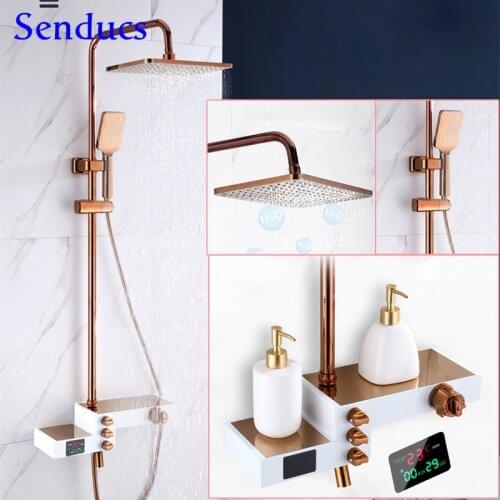 Rose Gold Bathroom Digital Shower Set Rainfall Bath Shower Head Square Brass Bathtub Mixer Faucet Thermostatic Shower System