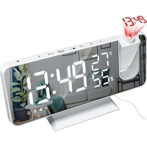 LED Digital Mirror Alarm Clock Snooze Temperature Humidity Display Electronic Table Clock With Time Projector FM Radio 2 Alarm
