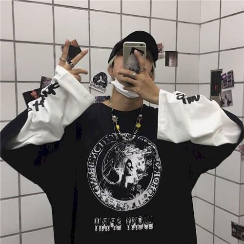 Punk Gothic Dark Black Anime Cartoon Print Y2K Women T-Shirts Dropshipping Long Sleeve Clothes Oversized Loose Streetwear Tops