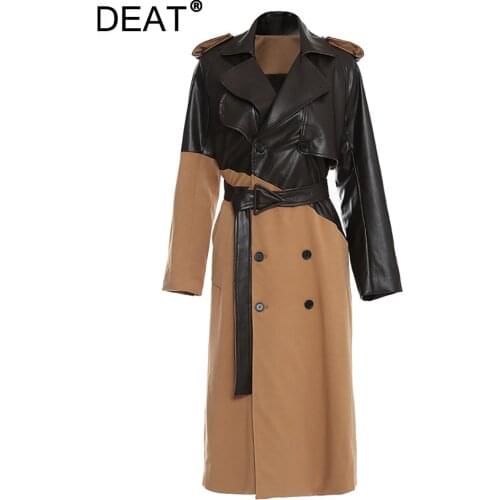 DEAT 2021 New Spring And Fit Fashion Casual Patchwork Leather Windbreaker Knee Length Lace Up Waist Khaki Coat Women SH644