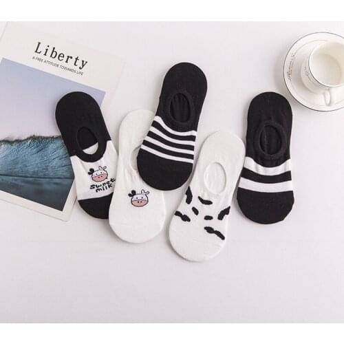 Socks Woman Cow Stripes Spot Cotton Invisible Summer Boat No Show Socks Women Black White Short Low Cut Slippers Silicone Socks
