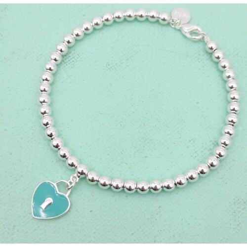 New womens S925 sterling silver blue green enamel heart-shaped lock 4mm round beads beaded bracelet sweet jewelry for lovers