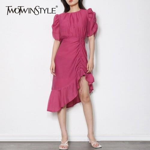 TWOTWINSTYLE Drawstring Irregular Temperament Dress For Women Round Neck Short Sleeve High Waist Casual Dresses Female Fashion
