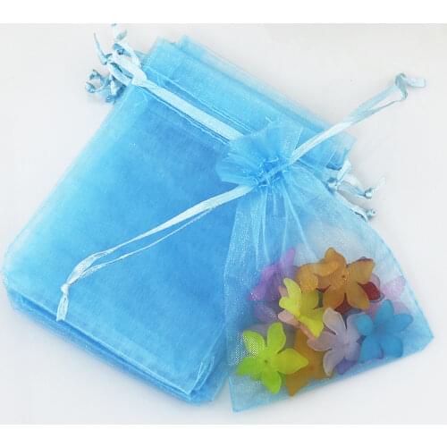 11x16cm Light Blue Organza Jewelry Bags Small Packaging Bags Pochette Tulle Bonbon Customized Logo Printing 100pcs/lot Wholesale