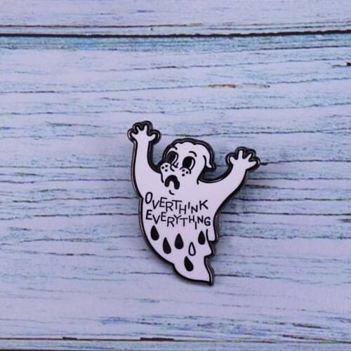 White Ghost Overthink Everything Enamel Pin Ghost Raise Hands Lapel Pins Brooches For Halloween Badge