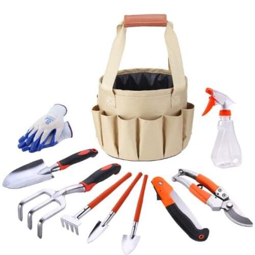 Free shipping Garden tool combination suit canvas bucket bag Aluminum alloy material Shovel Gloves Rake Saws 10 in 1
