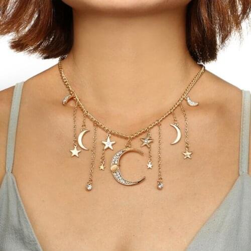 Bohemia Antique Gold Moon Star Pendant Tassel Chain Necklaces Vintage Chokers Necklace Collar for Women Jewelry чокер