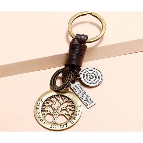 Bronze Lucky Tree Pendant Leather Keychain for Ladies Car Key Chain Women Men Key Holder Keyring Handmade Jewelry Friends Gift