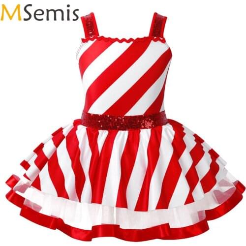 Kids Girls Christmas Dance Leotard Costume Shiny Sequins Striped Figure Ice Skating Roller Skating Baton Twirling Leotard Dress