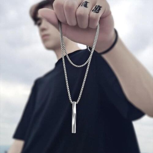 European and American Trend Black Rectangle Spiral Cube Pendant Long Strip Simple Twisted Titanium Steel Male Hip Hop Necklace