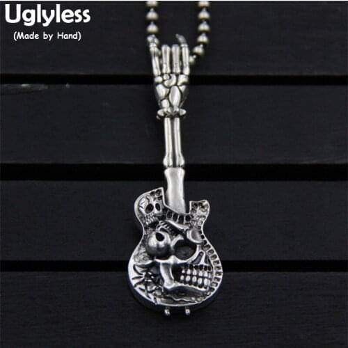 Uglyless S 925 Sterling Silver Guitar Designer Hand Skull Pendants Necklaces without Chains Handmade Gothic Fine Jewelry Unisex