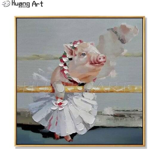 Artist Hand-painted Funny Animal Baby Pig Oil Painting on Canvas Modern Wall Art Picture Lady Pig Oil Painting for Wall Decor