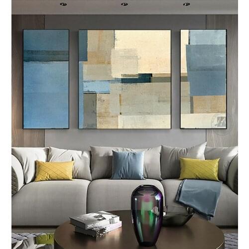 Hand painted abstract canvas painting blue grey large wall art canvas pictures for living room 3 piece wall paintings bedrooms