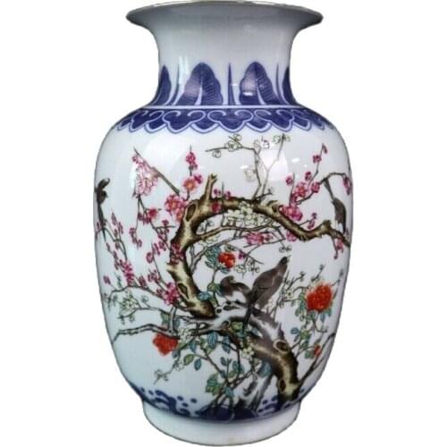 Chinese old porcelain Painted gold and blue flowers with colorful flowers and birds pattern vase