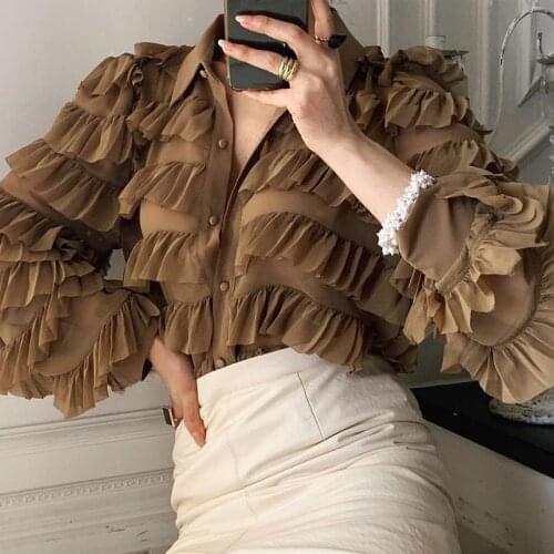 JSXDHK Korean Fashion Chic Summer Cascade Ruffles Blouse Designer Women Turn Down Collar Chiffon Lantern Sleeve Loose Shirt Tops