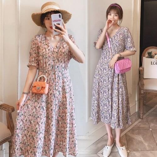 Fashion Maternity Dresses Summer Chiffon Nursing Dress Sweet Floral Long Dress for Pregnant Women Breastfeeding Summer Dress