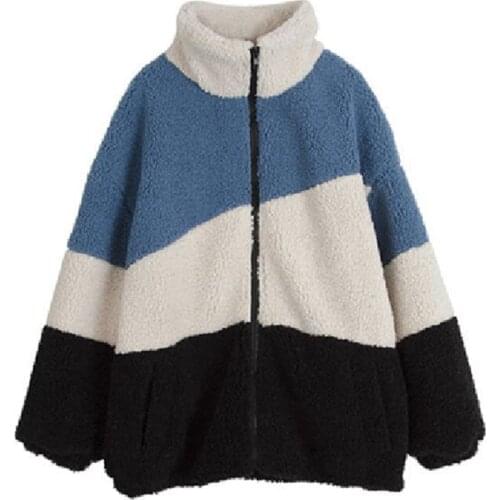 Fashion Women Stitching color Zipper Long Sleeve Plush Cardigan Turtleneck Ladies Tops Autumn Winter Warm Casual Loose Sweatshir