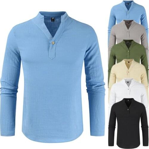 2021 mens long sleeve shirt Mens summer new fashion youth V-neck solid color casual loose thin simple long-sleeved shirt
