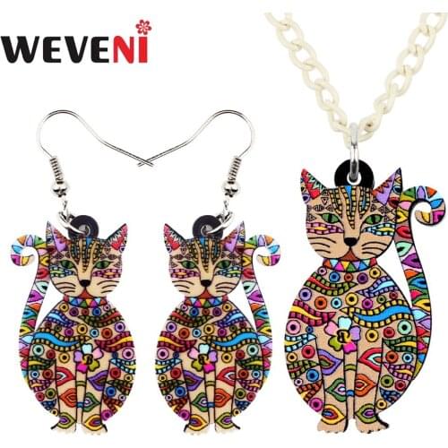 WEVENI Original Acrylic Floral Cat Kitten Earrings Necklace Collar Trendy Animal Jewelry Sets For Women Girls 2018 Gift Female