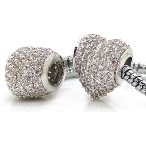 Authentic Silver Color European Bead Charms Heart Micro Pave White Cubic Zirconia Fit Pandora Bracelet Necklaces & Pendants