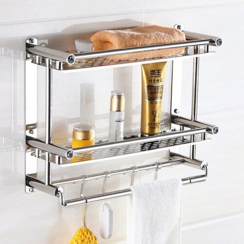 Bathroom Storage Rack Thick Double Layer Punch Free Stainless Steel Bathroom Shelf Simplicity Household Bath Towel Storage Shelf