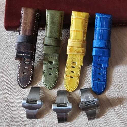 Blue Green brown 24mm Italy Genuine leather bamboo Watchband For Panerai strap Butterfly Buckle watch band With engraving tools