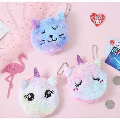 Cute Cartoon Plush Unicorn Coin Purse Cat Fur Circle Wallet Girl Clutch Embroidered Bag Key Earphone Organizer Bags Kids Gift