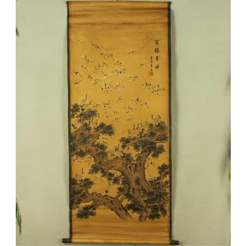Antique painting traditional Chinese One hundred crane and pine painting scroll painting,old paper painting