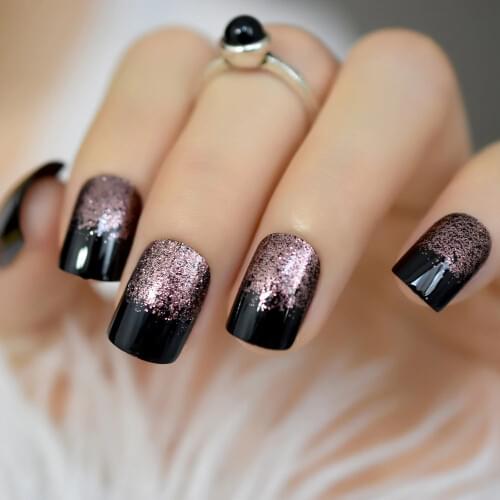 Studio 24 Artificial Nails Black Square Medium Fake Nail Art Tips UV Gel Rose Gold Glitter Decoration Shimmer Acrylic Nail