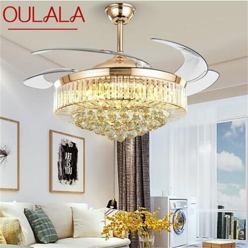 OULALA Ceiling Fan Light Invisible Luxury Crystal Silvery LED Lamp With Remote Control Modern For Home