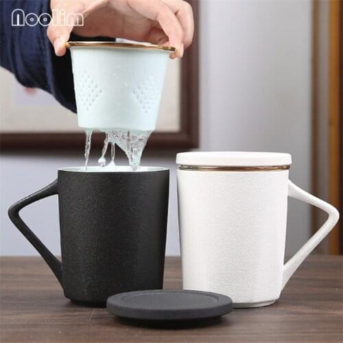 Japanese Ceramic Office Teacups Tea Water Separation Cup with Filter and Lid Simple Strainer Coffee Milk Mug Drinkware 350ML