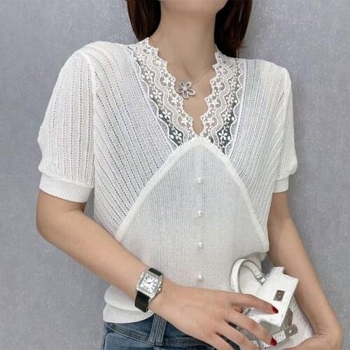 Women T-shirt Lace Hollow Stitching Knitted Top Woman Tshirts Summer Fashion Short Sleeve V-Neck T Shirt