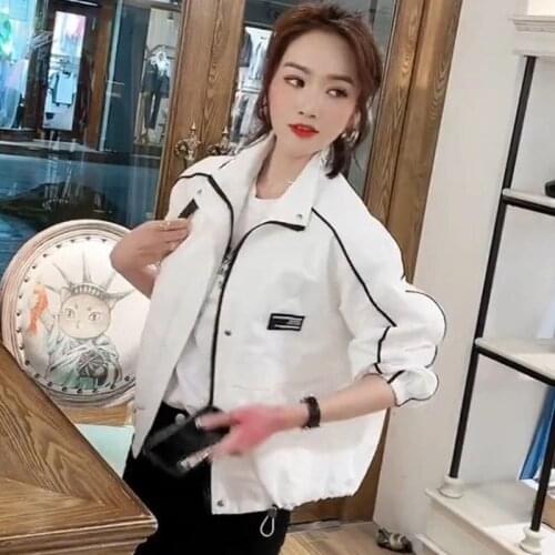 Lining Windbreaker 2021 Autumn Long Sleeve Stand-Up Collar Letter Print Zipper Coat Loose Stand-Up White Jackets Short Women
