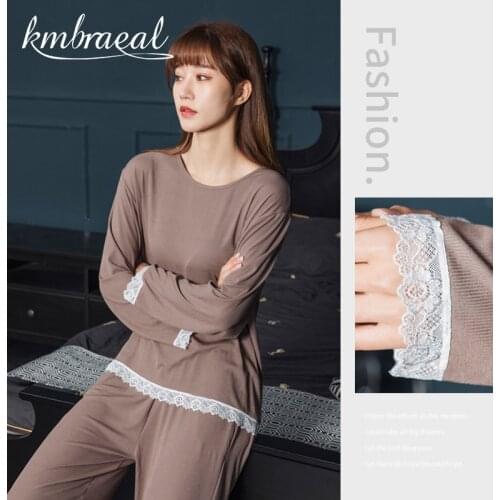 Women Pajama Sets Modal Cotton Pijamas Mujer Sleepwear Lady Long Sleeve Lace Nightwear Femme Solid Color 2 Pieces Set Homewear