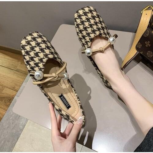 2021 New Style Woman Shoes Plaid Costume Tweed Flats Shallow String Bead Mary Janes Shoes Square Toe Slip on zapatos mujer 8913G