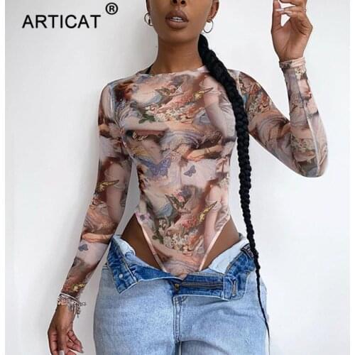 Articat Butterfly Print O Neck Bodysuit For Women Sexy Long Sleeve Pullover Playsuit 2020 Streetwear Skinny Casual Jumpsuit