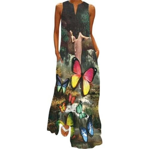 Butterfly Flower Printed White Dress 2021 Casual Plus Size Long Dresses Summer Woman Sleeveless Girls Beach Maxi Dress Women