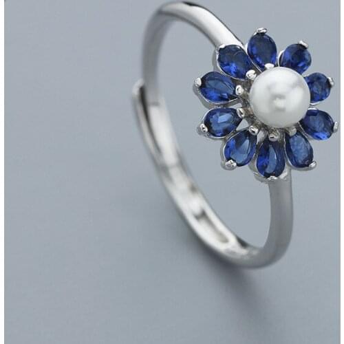 L&P Fashion Blue CZ& Pearl 925 Sterling Silver Ring for Women Jewelry Adjustable Ring Wholesale Gift Hot Sale