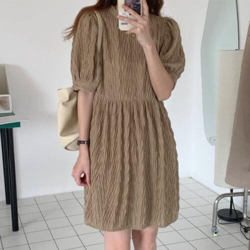 2021 New Women Summer Vintage Folds Short Dress Round Collar High Waist Puff Sleeve Pullover Sundress