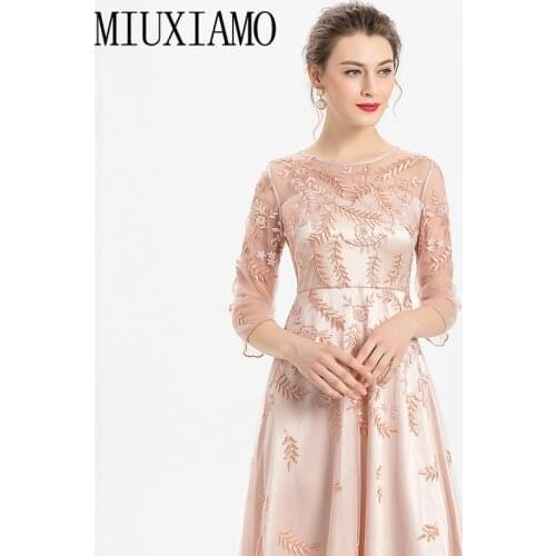 MIUXIMAO 2020 Summer Dress Runway Design Casual Dress Women Flower Embroidery Netting Elegant Slim Vintage Dress Women Vestidos